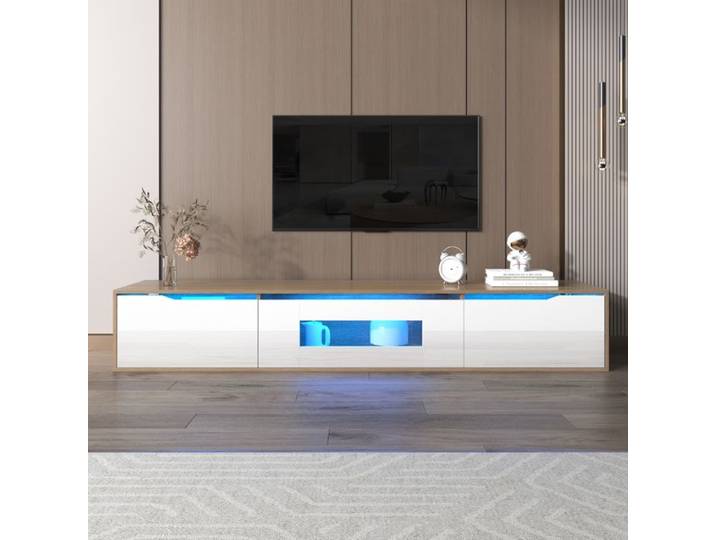Meuble TV suspendu meuble TV LED avec 3 portes minimaliste avec espace de rangement meuble TV bas pour salon blanc brillant