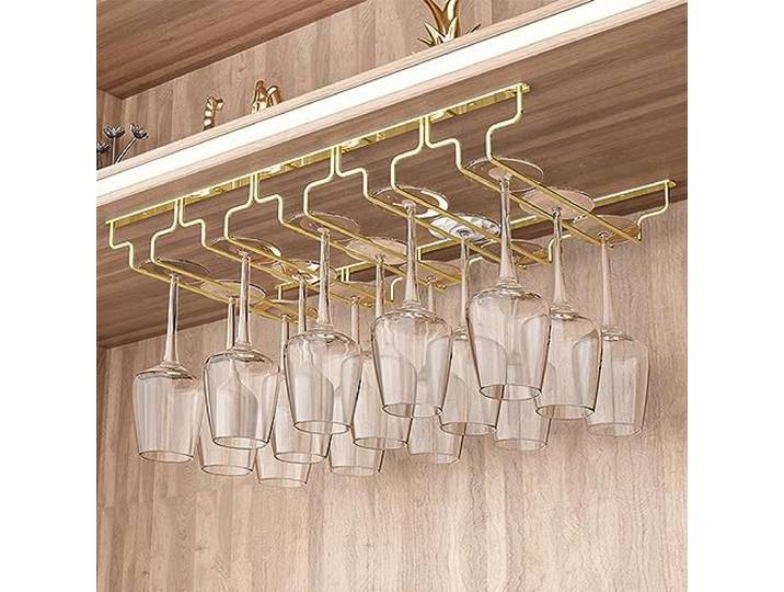 LigedamaiEU Elegantes goldenes Metall-Weinglas-Regal for Aufhängen an der Wand, unter dem Schrank, Stielglas-Halter, auf den Kopf gestellt, Kelch-Lagerregal for Esszimmer(57cmx22.5cm)