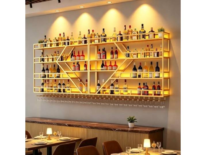 Kifezk Gold Weinregal Wand, 160 cm Wandmontage Bar Regal mit Glasregal Robuste Weinregal aus Eisen‑Holz, bis 100 kg Tragfähigkeit, mit Glashaken für Küche, Bar, Restaurant