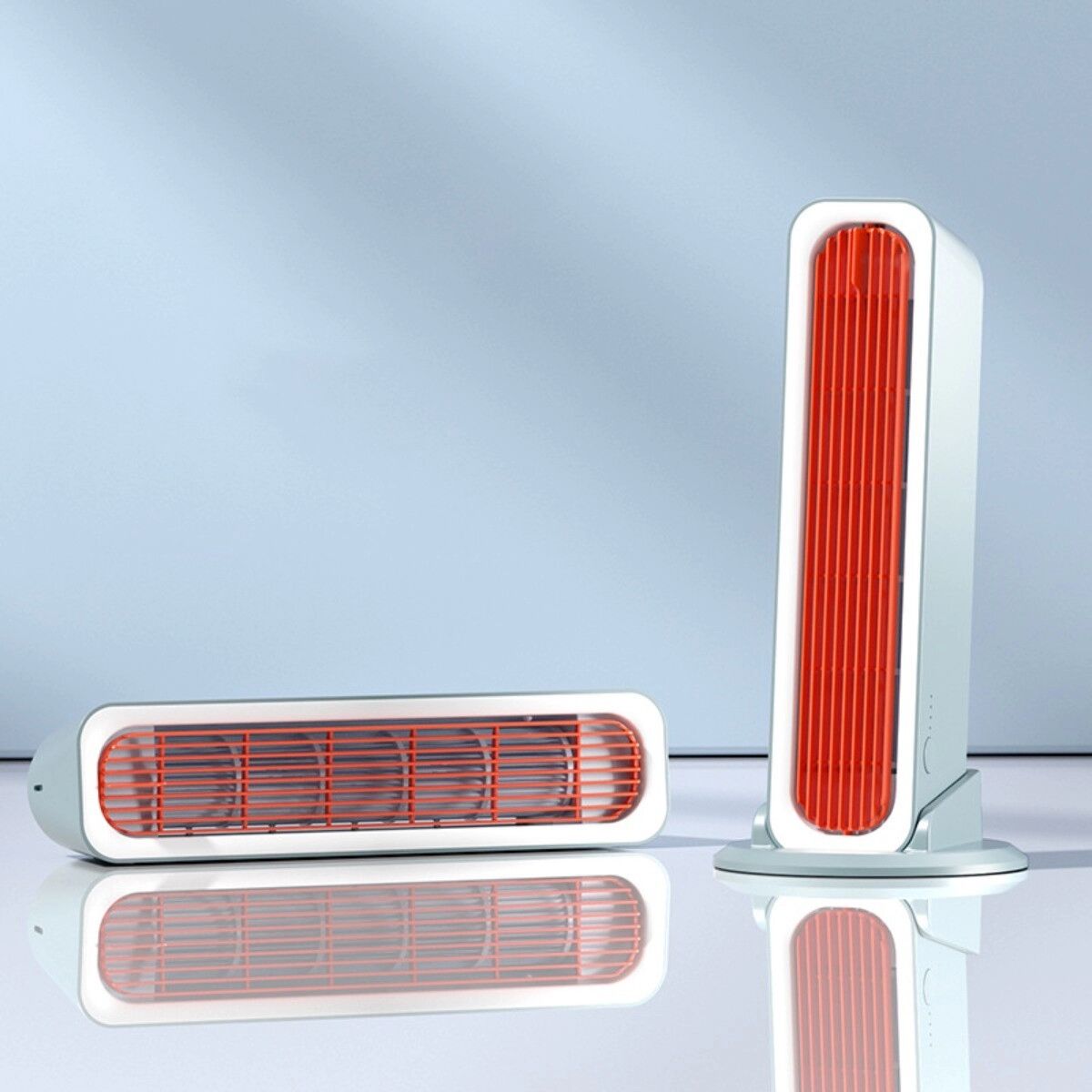 INF Blattloser Turmventilator Flagship Wiederaufladbares Modell mit Fernbedienung — Turbo-Boost, USB-Aufladung, Marineblau + Orange