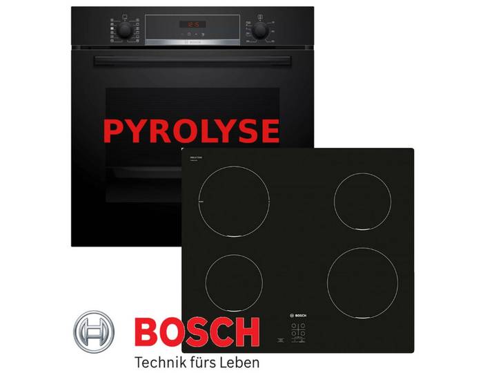 BOSCH Induktions Herd-Set Pyrolyse Backofen Schwarz Autark mit Kochfeld Induktion, Pyrolyse-Selbstreinigung, Pyrolyse + Hydrolyse