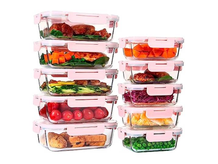 UMEIED Frischhaltedosen-Set aus Glas mit luftdichten Deckeln, für die Zubereitung von Mahlzeiten, Mittagessen und Portionskontrolle, Mikrowelle, Gefrierschrank und Spülmaschine, 10 Stück (rosa)