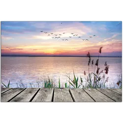 Wallario Gartenposter ca. 180 x 180cm, 2-teilig Seepanorama mit Schilf und fliegenden Vögeln