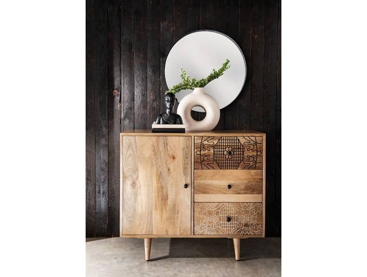 Kommode 90x80cm 'Lyn' Mangoholz mit schwarzen Ornamenten
