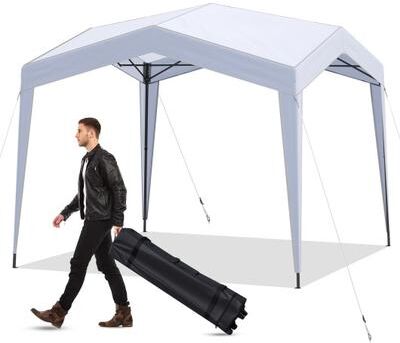 Costway Pop up Canopy Tent with Portable Wheeled Bag 8 Stakes 4 Wind Ropes-White