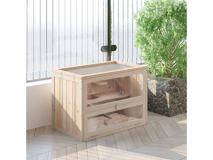 PawHut Cage pour hamsters souris petits rongeurs multi-équipements rampe plateformes toit ouvrant grillagé porte bois de sapin plexiglas
