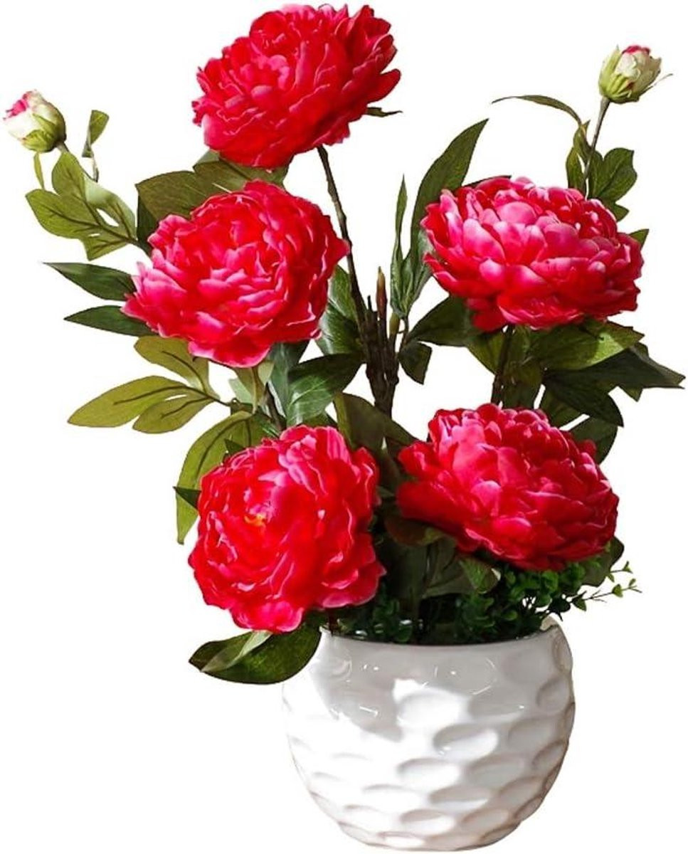 Rood zijden pioenroos kunstbloemen boeket met vaas voor huisdecoratie