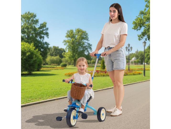 AIYAPLAY Tricycle Bébé 2-5 Ans avec Barre Parentale et Panier Bleu