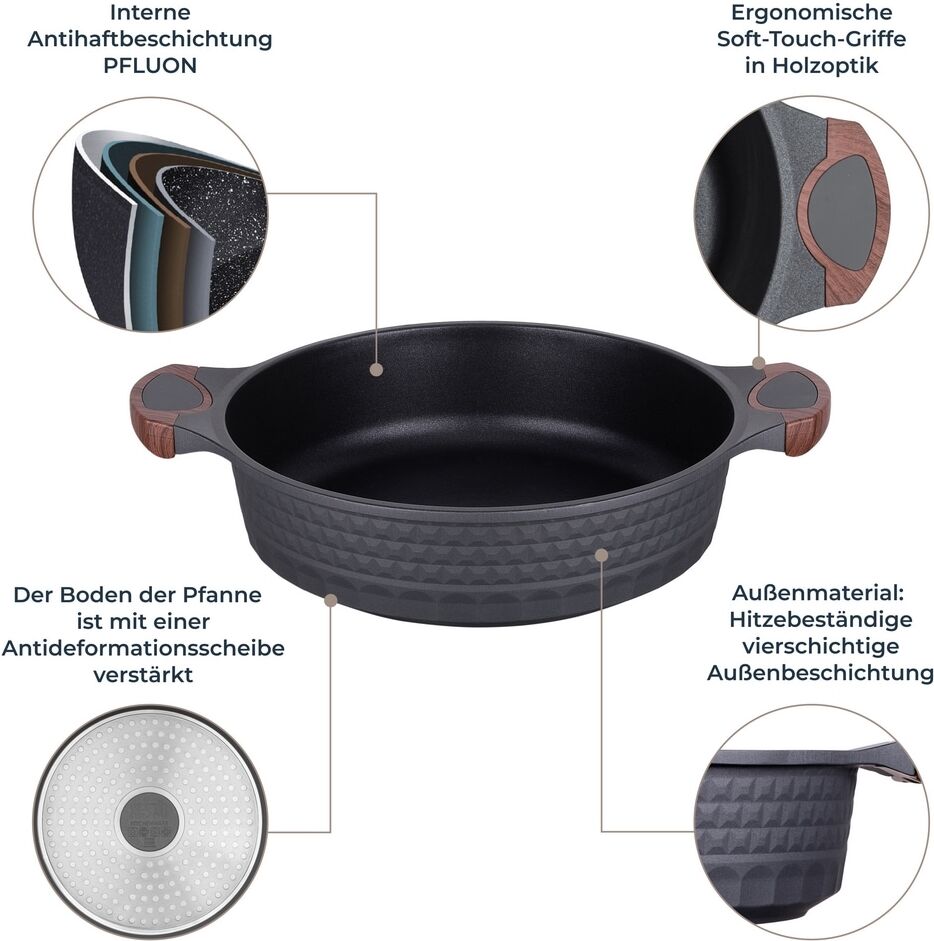 Kochtopf RESTO KITCHENWARE "Capella, Schmortopf antihaftbeschichtet und spülmaschinenfest", schwarz (schwarz, matt), H:8cm L:38,5cm Ø:28cm, Töpfe, Kochtopf, mit Glasdeckel und stoßdämpfendem Silikonrand, im Geschenkkarton