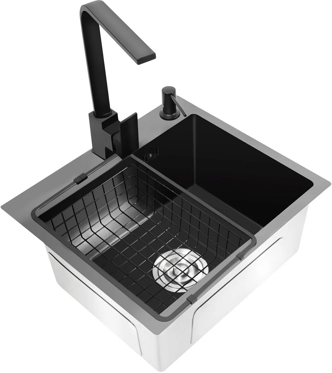 Zwarte RVS Keukenspoelbak Set Inbouw Inclusief Kraan en Afdruiprek B: 40 cm, D: 45 cm