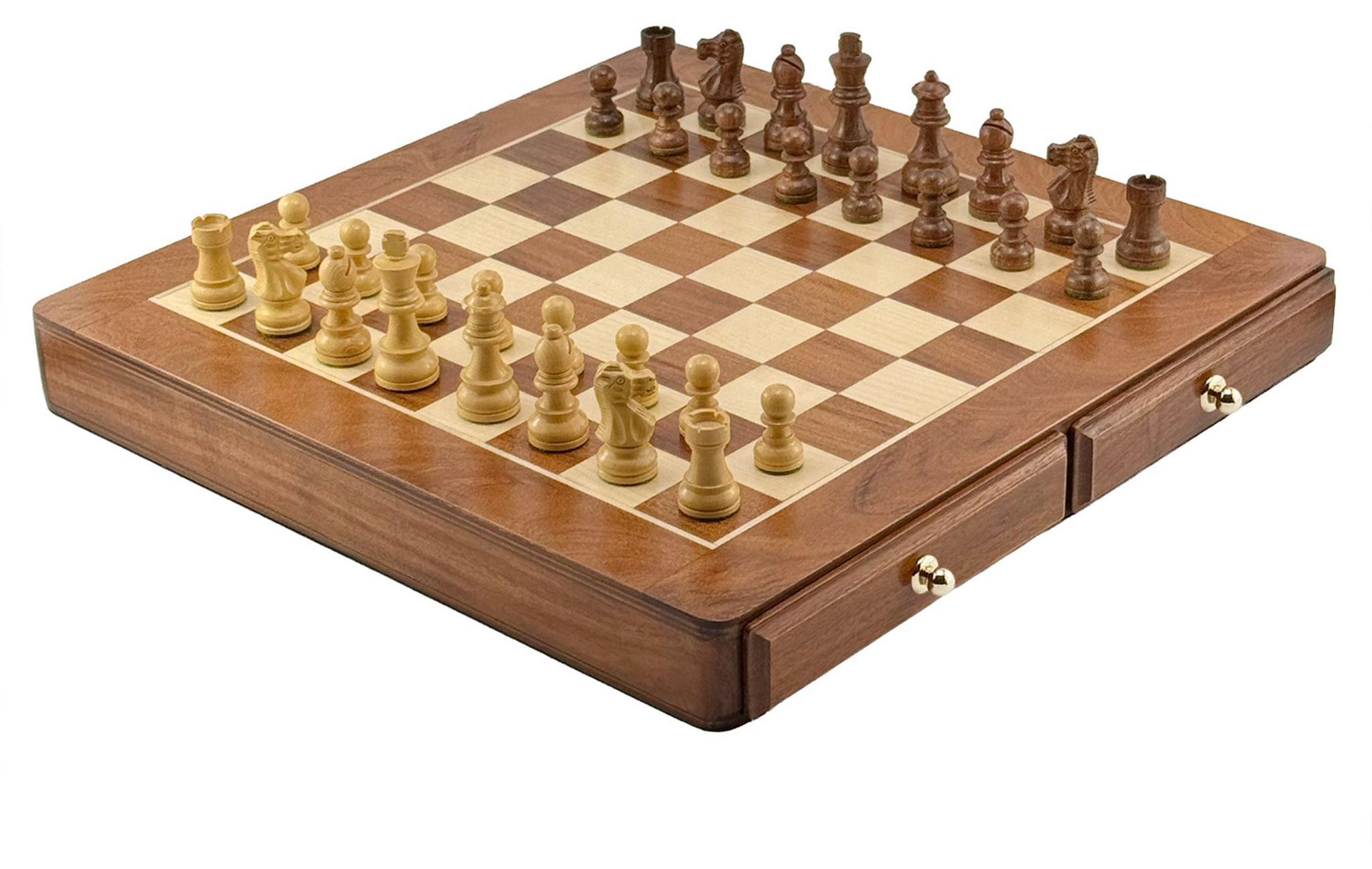 Exklusives Italfama Schachset - "PREMIUM CLASSIC" Akazienfiguren 7,6 cm & Schachkasten mit 2 Schubladen und Einzelfächern 46x46 cm