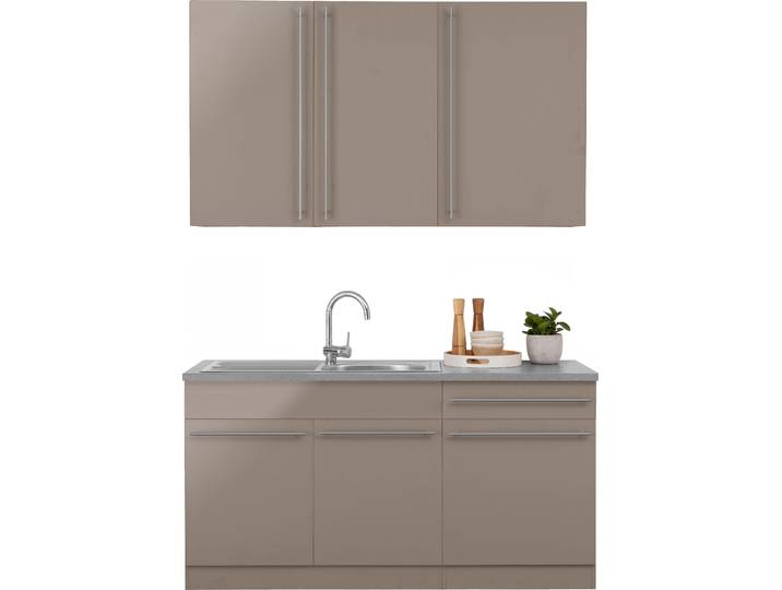 Pantryküche, Holzwerkstoff, Braun & Grau, 160×60 cm, Modulküche mit Edelstahl-Spüle, Chicago