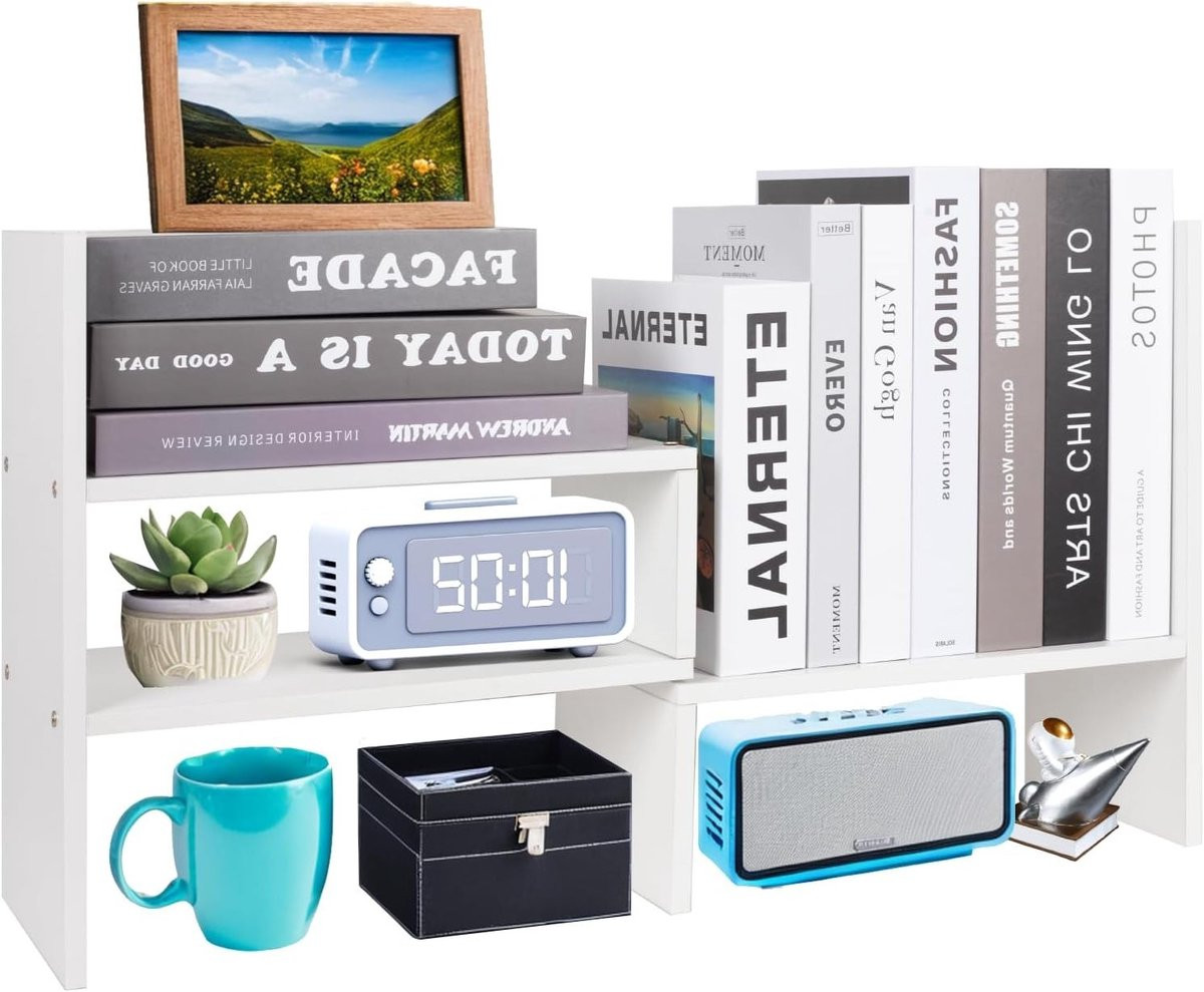 Verstelbare houten boekenplank voor op je bureau, uitbreidbaar opbergrek voor kantoorbenodigdheden en decoratie