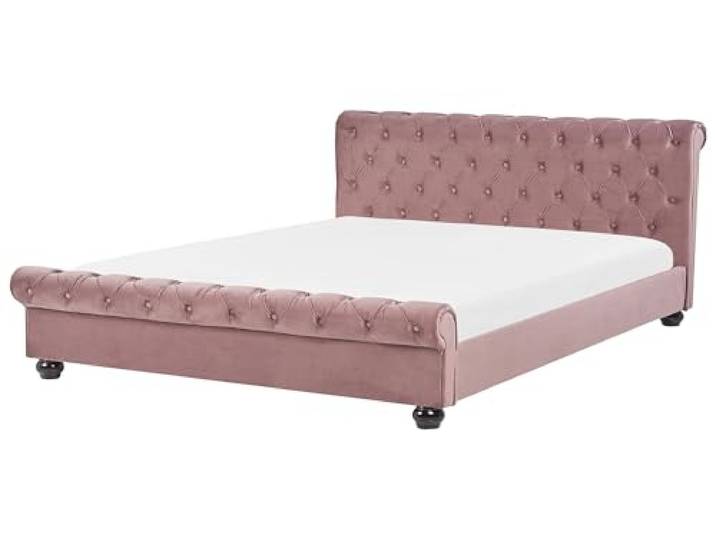 Beliani Britisches Bett Polsterbezug Samtstoff Chesterfield Style rosa Avallon