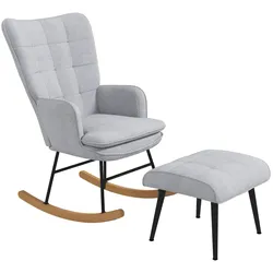 OKWISH Schaukelstuhl mit Hocker Relaxsessel 64x89x90 cm Hellgrau Leinenoptik hoher Rücken Armlehnen dicke Polsterung Buchenholz und Stahlrahmen