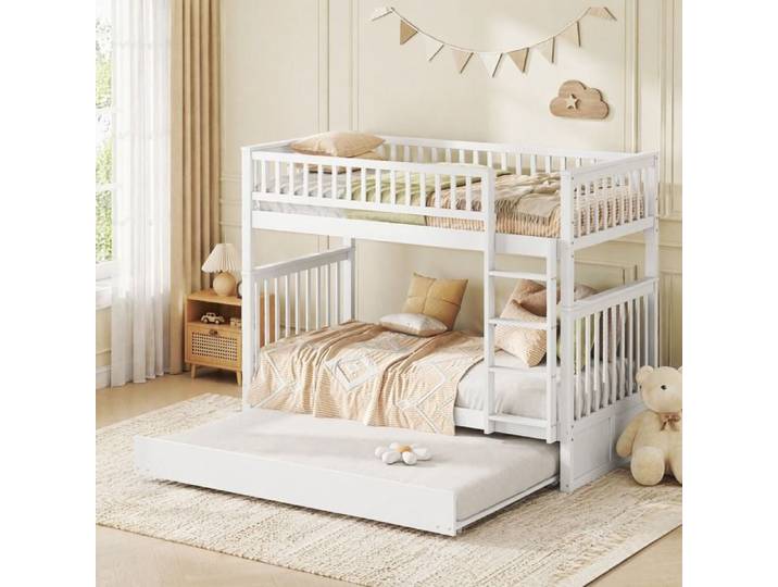 Lit superposé - ZEVKOR - 90×200 / 90×190 - 3 places - Lit gigogne - Bois blanc