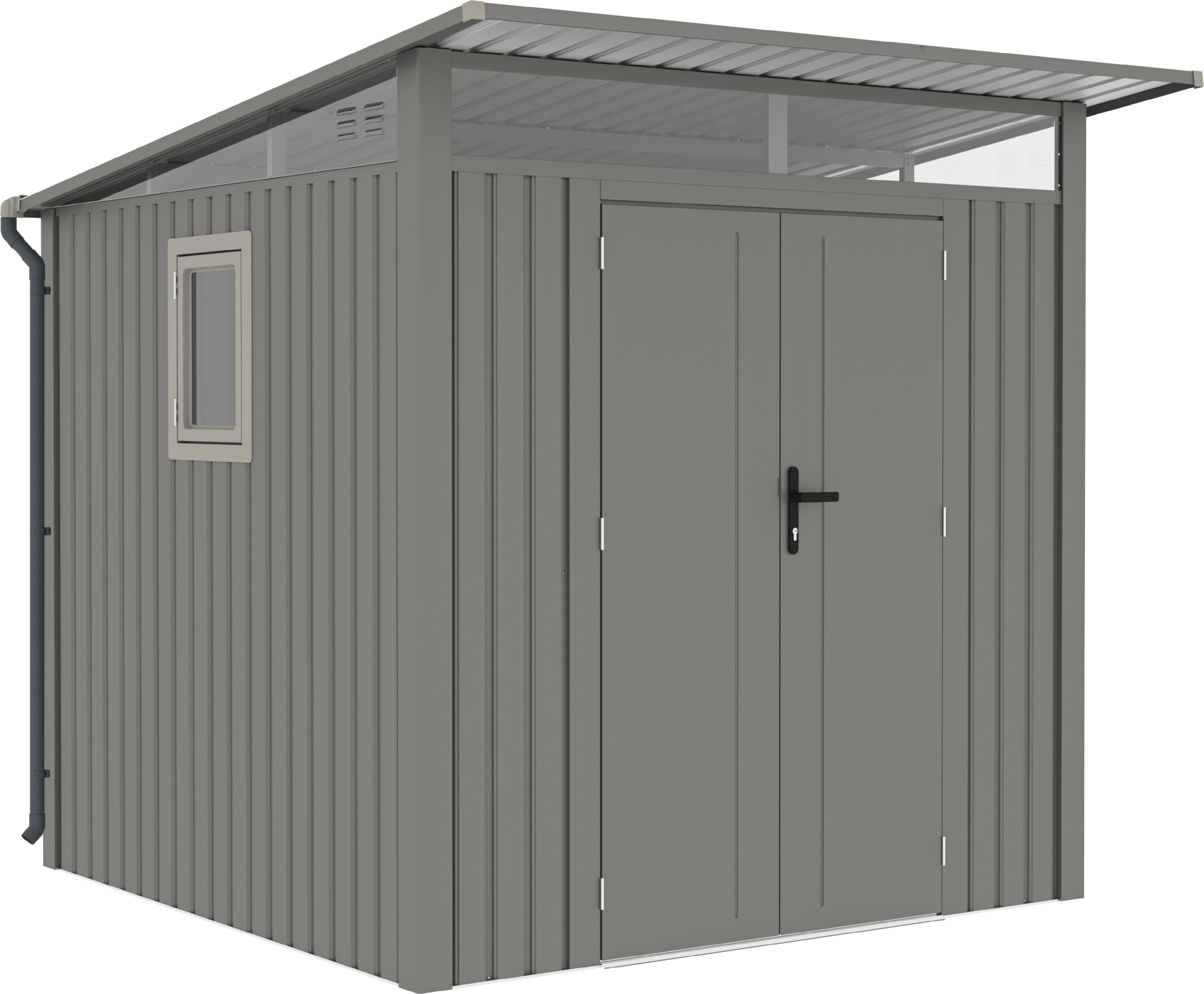 Rockford Gerätehaus Metall Geräteschuppen 232 x 254 cm Gartenhaus mit Pultdach inkl. Regenrohre Porto 200 Grau