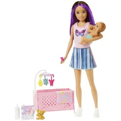 Barbie "Skipper Babysitters Inc." Puppe mit Gitterbett, Baby & Zubehör Spielset (lila Strähnen)