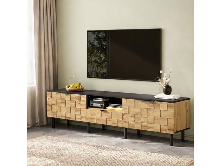 Meuble TV mosaïque ton bois naturel 2 portes 1 tiroir niche ouverte L170 cm