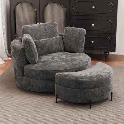unbranded "Modern 50""W Oversized Swivel Accent Chair Set, Chenille Barrel Chair With Storage Ottoman"