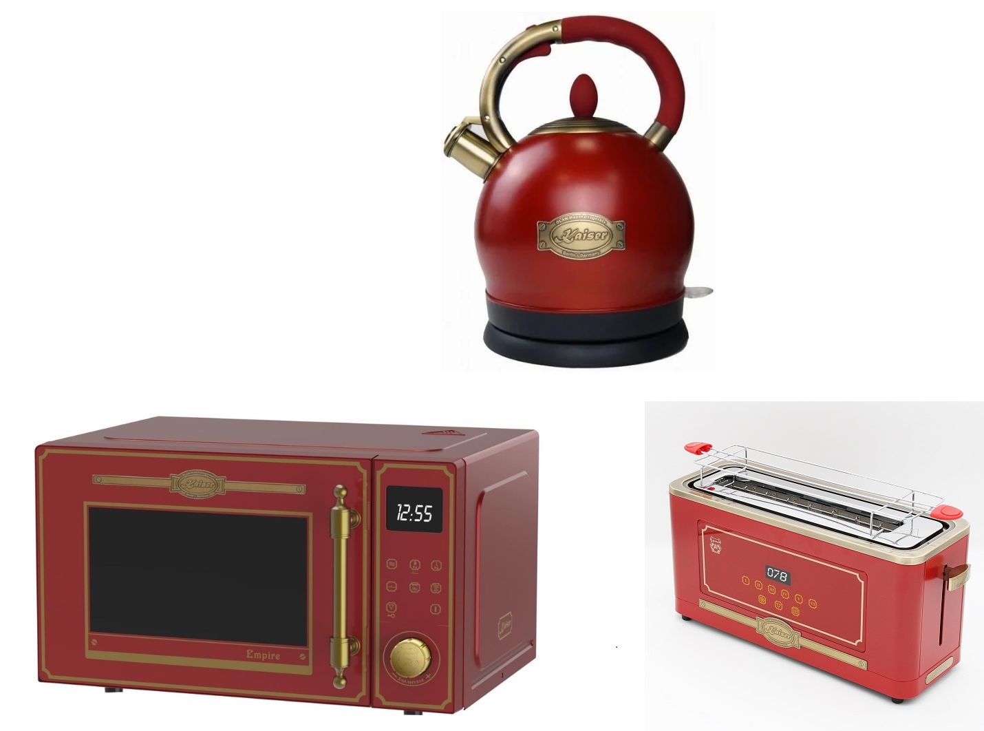 Kaiser Empire M 2530 RotEm Mikrowelle 25L+T 4000 RotEm Retro-Toaster +WK 2000 RotEm Retro Wasserkocher