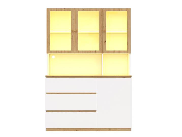 VITRINESCHRANK eiche & weiß 200 cm hoch mit led-beleuchtung & kabelmanagement