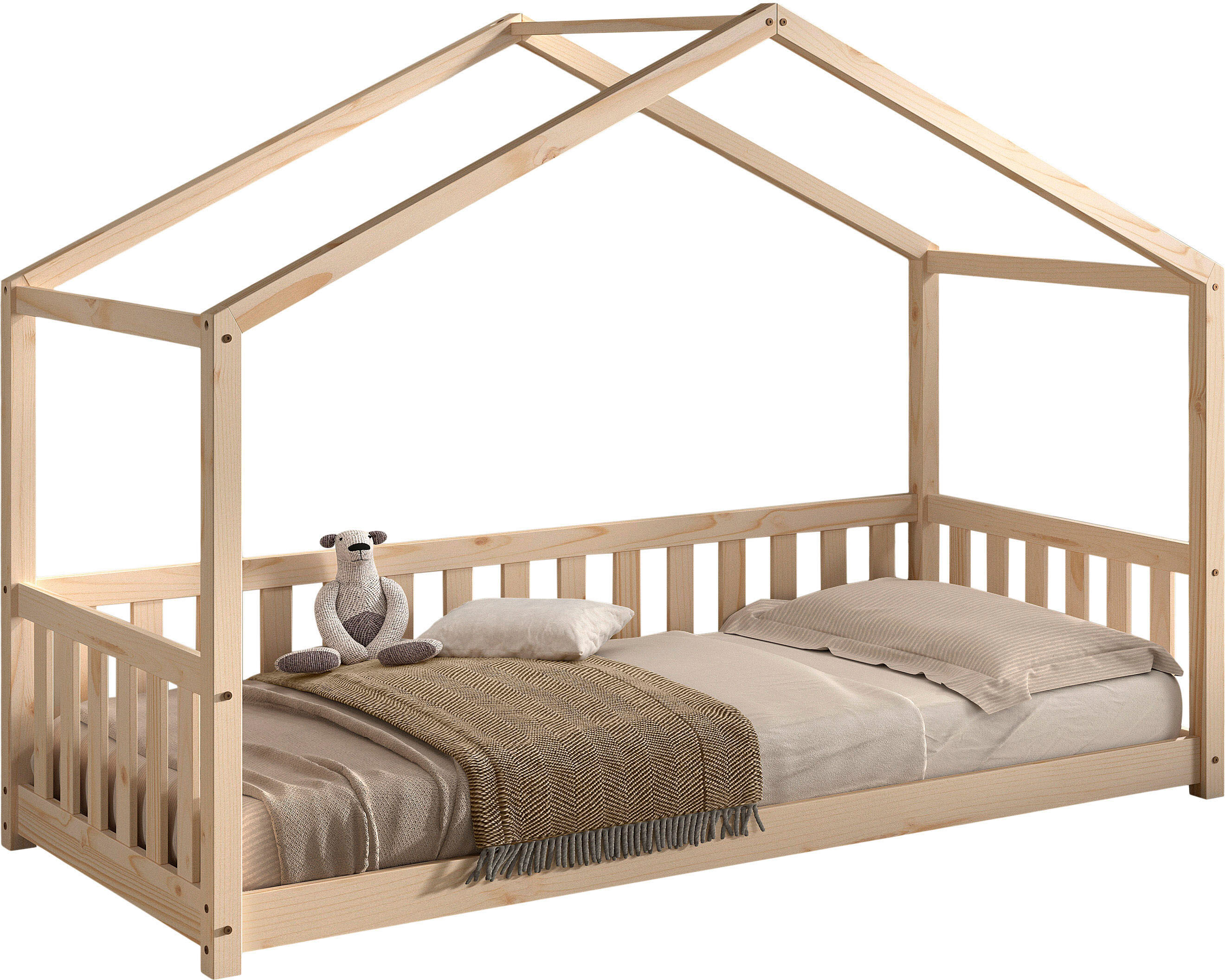 Hausbett VIPACK "Dallas, Massivholzbett mit Dachaufbau umbaubar vom Boden- zum Daybett", braun (kiefer natur, kiefer natur, kiefer natur), B:97cm H:170cm L:210cm, Betten, Hausbett, stabil und standfest gebaut, wahlweise Kiefer massiv natur oder weiss kief