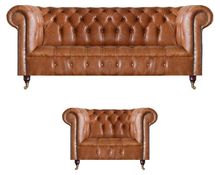 Stijlvolle Chesterfield lederen bankset 2-delig, bruin