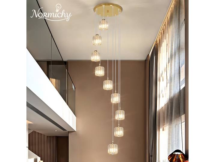 Escalier Long lustre Loft Duplex lumière luxe lampe en cristal nordique Simple moderne Villa pavillon rotatif Restaurant lampe