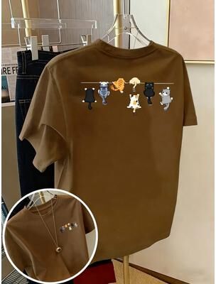 Universal Stock Cute Cat Graphic T Shirt For Women's Tee, Cotton Casual Summer Top brown l