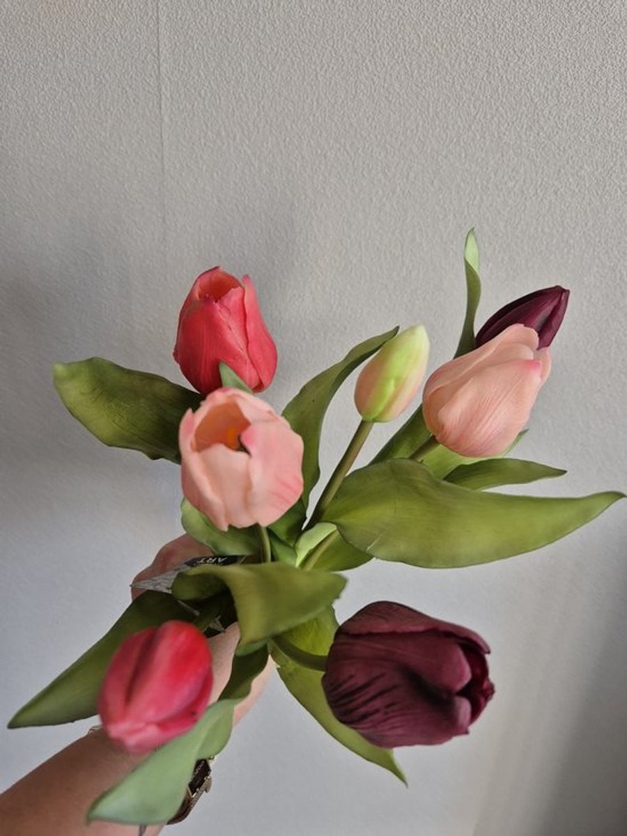 Sally Real Touch Vermeer kunsttulpen boeket - 7 stuks - Purple/Beauty - Hoogte: 31 cm
