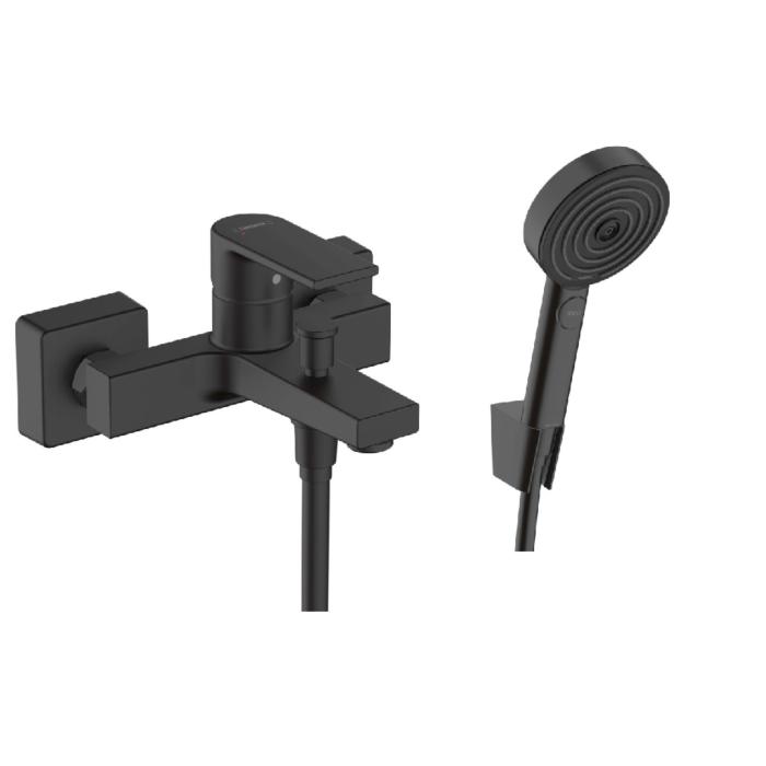 hansgrohe Vernis Shape Wannenarmatur mit Handbrause Komplettsett, schwarz matt, mit Pulsify S Hasndbrause, Brauseschlauch und Halter