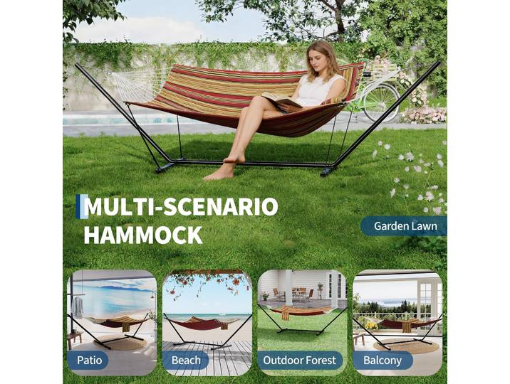 Hamac d'extérieur robuste pour 2 personnes avec support, structure en acier réglable, mobilier de hamac d'extérieur et d'intérieur avec oreiller pour jardin