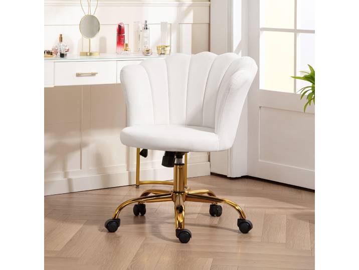 HOMCOM Chaise Bureau Velours Blanc Réglable avec Dossier Pétale