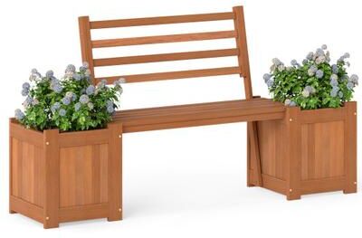 Costway Wood Planter Box with Bench and Backrest for Garden Yard Balcony