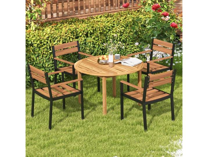 Table repas ronde bois acacia 4 places 112x76cm plateau rainuré anti-accumulation eau design élégant pour jardin terrasse