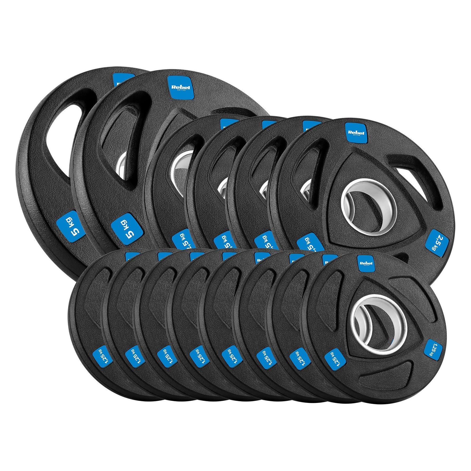 Rebel Gummiertes Gusseisen-Gewichtsset 30kg ( 8x1 25kg + 4x2 5kg + 2x5kg ) Olympialoch 51mm ACTIVE (2 x 5 kg, 4 x 2.5 kg, 8 x 1.25 kg) (RBA-2113)