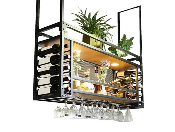 Weinregal zur Wandmontage, 2 Lagig Hängend Deckenregal Weinregal mit Glashalter, Industrielles Metall Hängender Schwimmender Weinflaschenregale, für Bars, Restaurants, Küchen, Café (schwarz, 100cm)