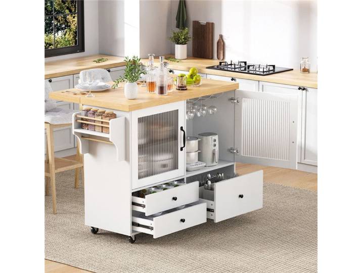 Ilot Central Cuisine Mobile Blanc avec Rangement Plan de Travail Extensible Porte-verres Étagères et Tiroirs 100x42 (70)