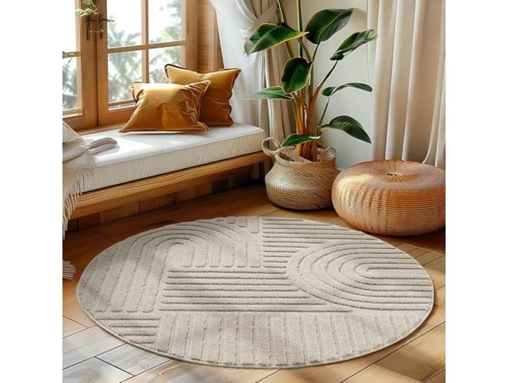 LIVUM Tapis Rond Salon\, Chambre\, Moderne et Design en Relief\, Doux et Confortable (Beige\, 200cm Rond)
