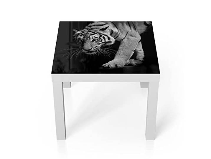 DEQORI Glastisch weiß klein 55x55 cm Motiv Pirschender Tiger ausgefallener Beistelltisch aus Glas Hochglanz Couchtisch fürs Wohnzimmer moderner Couch Tisch mit Design