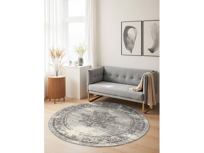 Tapis rond à poils courts Gloria -Type B Blanc/Gris/Gris/Crème Ø 120cm Polypropylène / Jute