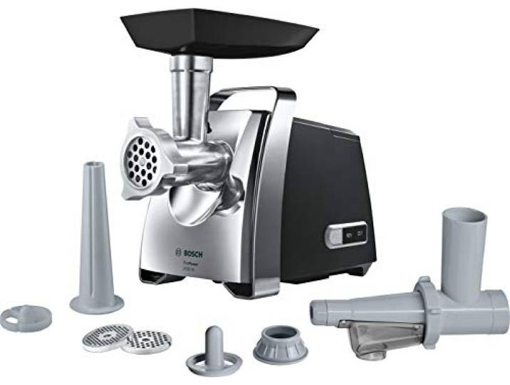 Bosch MFW67450 ProPower Fleischwolf 2000 W, 3 Lochscheiben aus Edelstahl, Wurstfüller, Kebbe-Aufsatz und Fruchtpressenvorsatz, Reverse Funktion, Einfache Bedienung, Spülmaschinenfest, Schwarz-Chrom