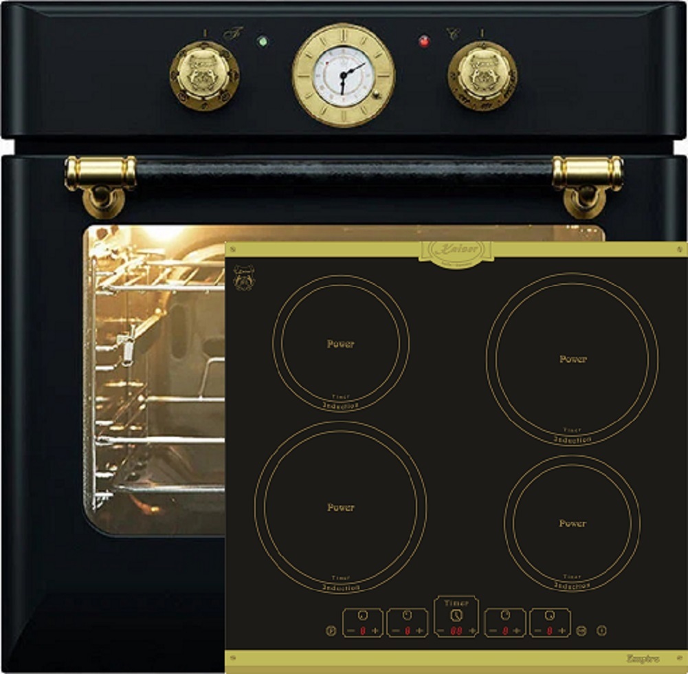 Kaiser Herd Set EH 6432 BE ECO Retro Einbaubackofen 68L+KCT 6195 IEm Induktionskochfeld 60cm, Autark, Kochfeld 4xQickHeat Kochzonen,Schwarz