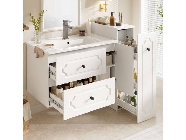 MEUBLIV Ensemble meuble salle de bain 107 cm avec vasque en céramique 2 tiroirs et colonne blanc