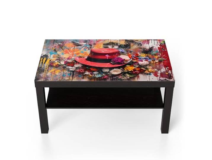 DEQORI Glastisch schwarz groß 90x50 cm Motiv Roter Hut im Blütenrausch ausgefallener Beistelltisch aus Glas Hochglanz Couchtisch fürs Wohnzimmer moderner Couch Tisch mit Design