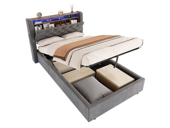 Lit coffre ULEVR avec base hydraulique et tete de lit capitonnee sans Matelas Gris 90x190 cm