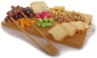 Kozy Kitchen Organic Bamboo Cheese Board, Cutting Board With Stainless Steel Handle