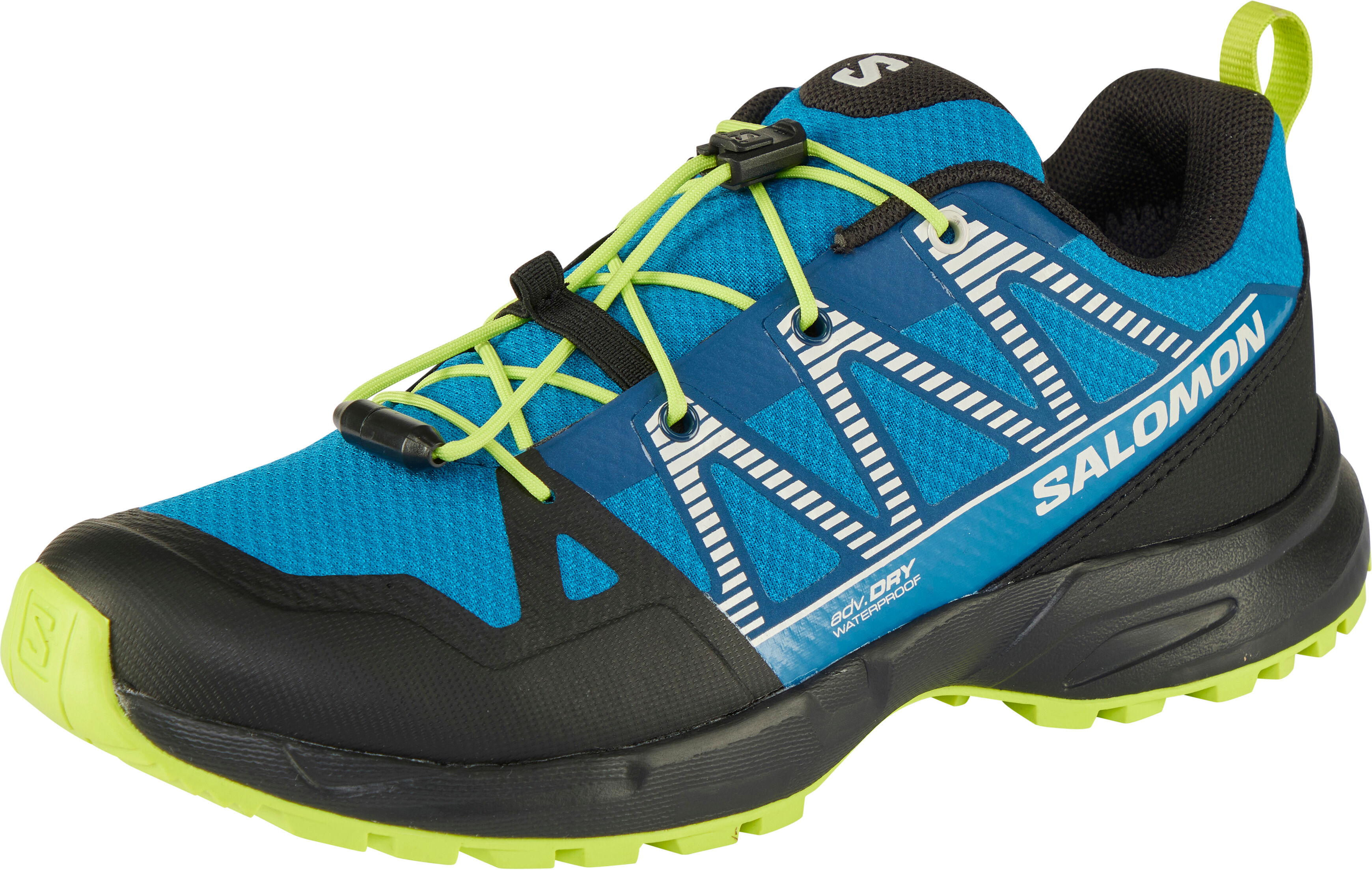 Wanderschuh SALOMON "OUTSCAPE WP J", Kinder, Gr. 39, atmungsaktiv, blau (mykonos blau, schwarz, acid lime), Synthetik, Textil, Schuhe Wanderschuh, wasserdicht mykonos blau, schwarz, acid lime 39, atmungsaktiv