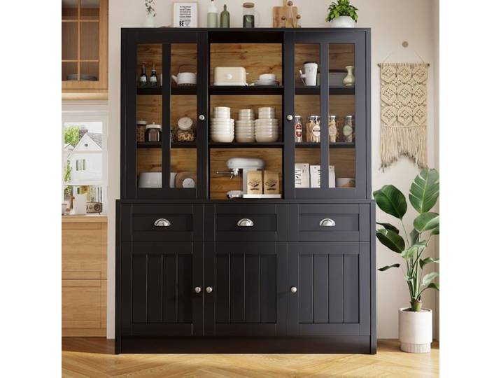 Buffet de Cuisine Vitrine Meuble de Rangement 5 Portes et 3 Tiroirs Buffet Haut pour Cuisine Salon et Salles à